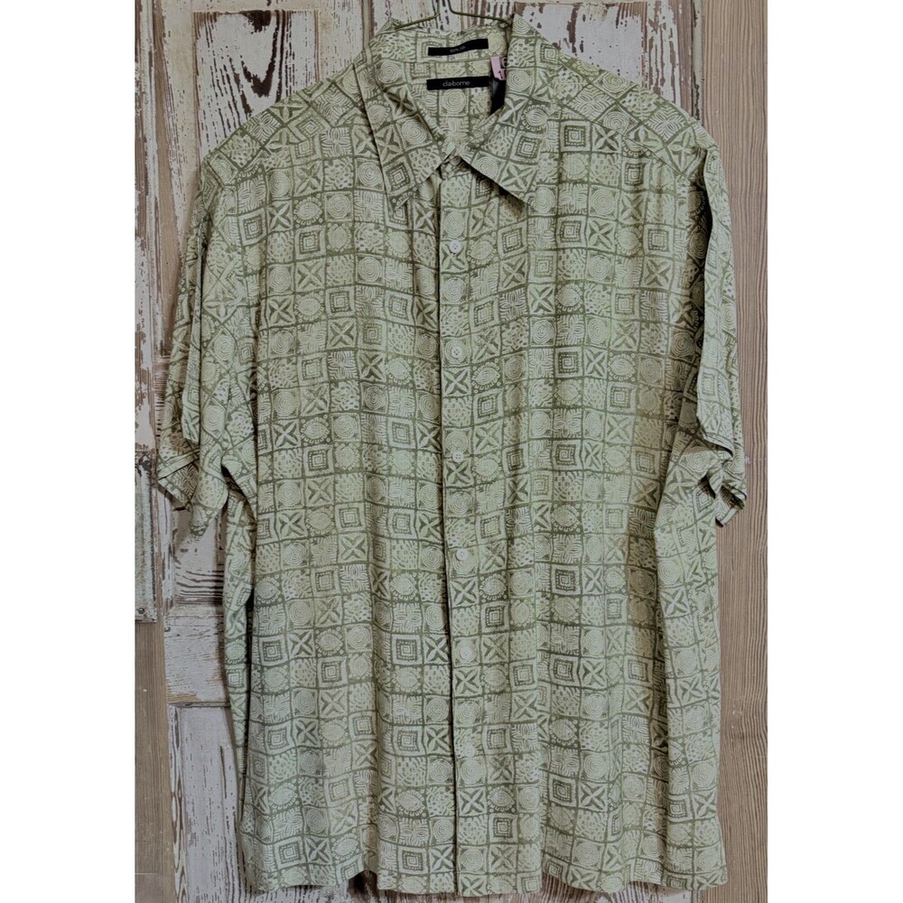 Men's Claiborne 100% Silk Short Sleeve Button Up Shirt - Green/Beige - Size XL
